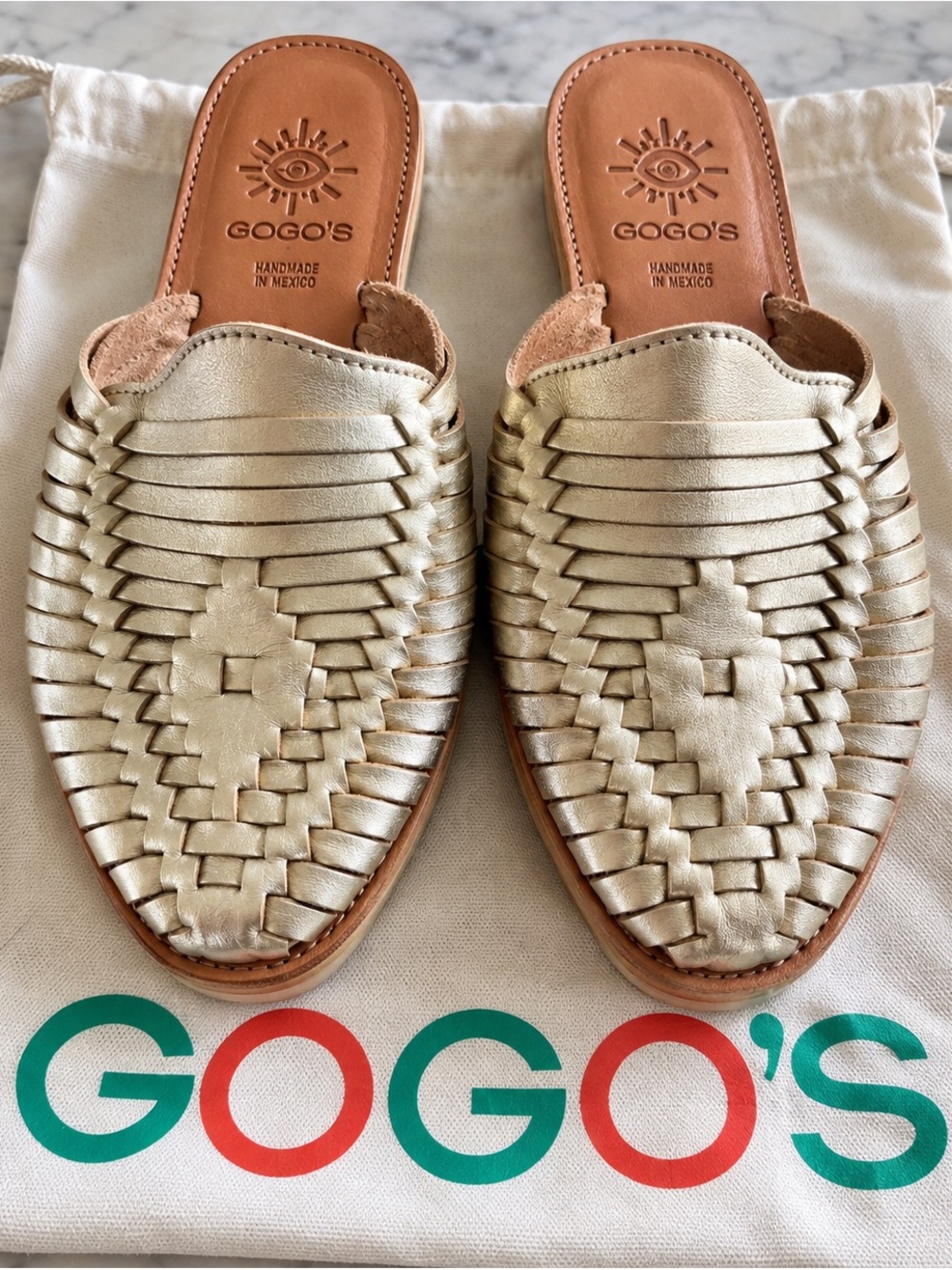 GOGO Handmade Metallic Gold Woven Leather Huarache Mules